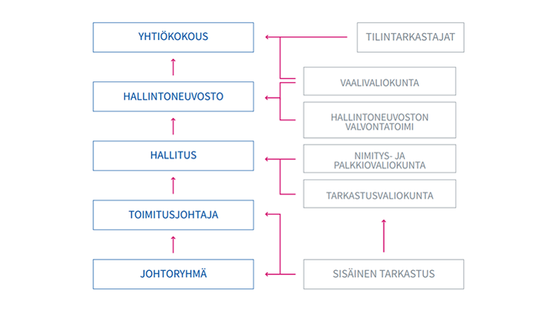 Kaavio Varman hallinto- ja ohjausjärjestelmästä. Tiedot löytyvät tekstimuodossa Selvitys hallinto- ja ohjausjärjestelmästä -dokumentista.