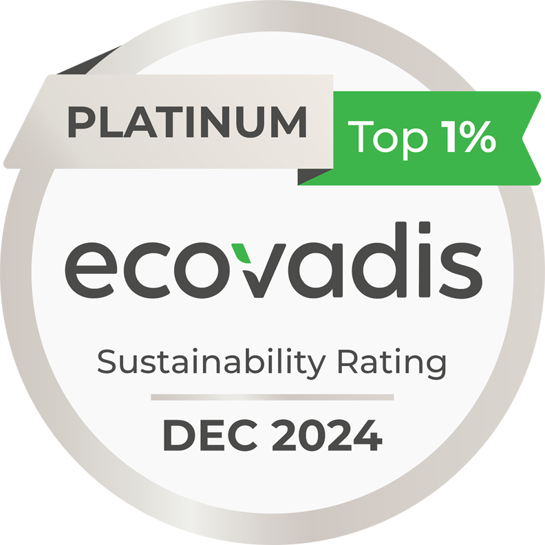 Kuvassa on teksti: EcoVadis Sustainability Rating dec 2024, Platinum Top 1 %