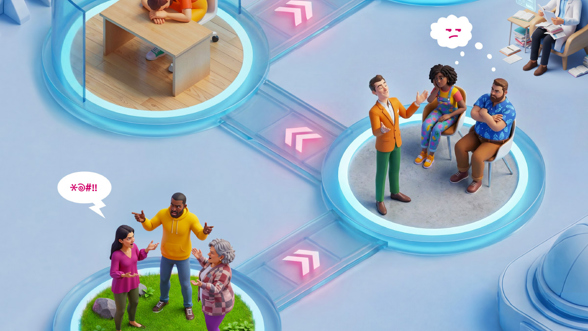 Kuvassa on Työkykytreeni-pelin pelilauta, jossa on ihmisiä erilaisissa tilanteissa keskustelemassa.